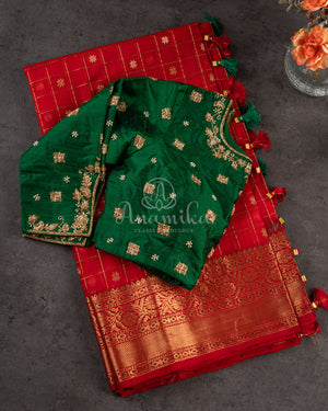 Red checkered Chanderi Silk Saree with contrast green full sleeves blouse