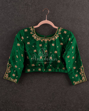 Red checkered Chanderi Silk Saree with contrast green full sleeves blouse