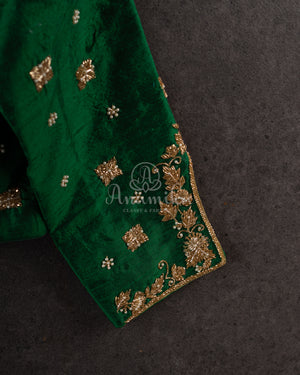 Red checkered Chanderi Silk Saree with contrast green full sleeves blouse