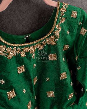 Red checkered Chanderi Silk Saree with contrast green full sleeves blouse