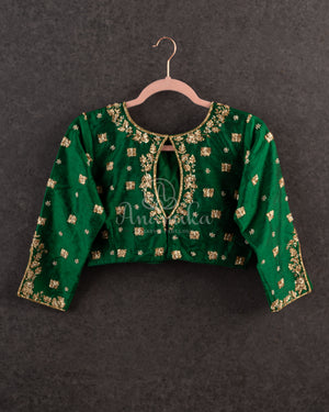 Red checkered Chanderi Silk Saree with contrast green full sleeves blouse