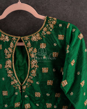 Red checkered Chanderi Silk Saree with contrast green full sleeves blouse