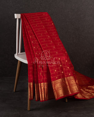 Red checkered Chanderi Silk Saree with contrast green full sleeves blouse