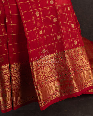 Red checkered Chanderi Silk Saree with contrast green full sleeves blouse