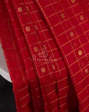 Red checkered Chanderi Silk Saree with contrast green full sleeves blouse