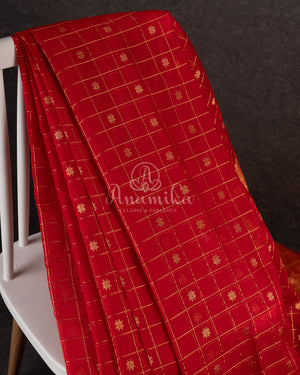 Red checkered Chanderi Silk Saree with contrast green full sleeves blouse