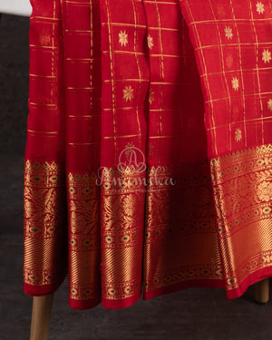 Red checkered Chanderi Silk Saree with contrast green full sleeves blouse