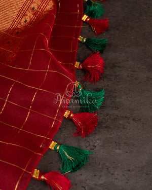 Red checkered Chanderi Silk Saree with contrast green full sleeves blouse