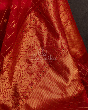 Red checkered Chanderi Silk Saree with contrast green full sleeves blouse