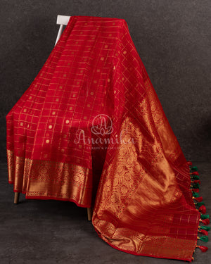Red checkered Chanderi Silk Saree with contrast green full sleeves blouse