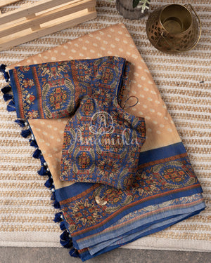 Pure Munga Silk Bandini Saree with hand painted kalamkari border and pallu