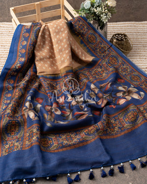 Pure Munga Silk Bandini Saree with hand painted kalamkari border and pallu