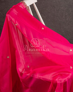 Organza saree in hot pink with a zardosi work border and a heavily embroidered sleeveless blouse