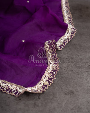 Organza saree in lovely purple with a zardosi work border and a heavily embroidered cap sleeve blouse