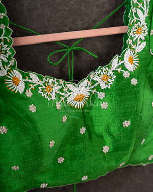 Parrot Green short sleeves blouse with beautiful pearl work all over