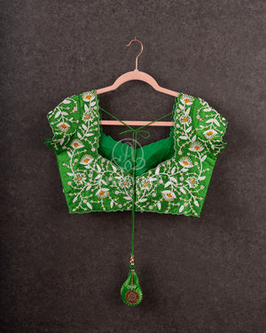 Parrot Green short sleeves blouse with beautiful pearl work all over