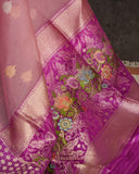 Mauve Pink Banarasi kora with a beautiful contrast purple meenakari floral border
