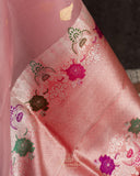 Pink Banarasi kora with a beautiful contrast red meenakari floral border