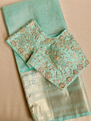 Pastel blue kanjeevaram with heavy bridal work blouse