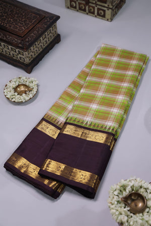 Designer Kanjeevaram with checkered body and contrast brown border