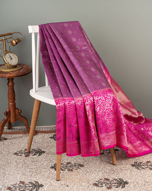 Unique kanjeevaram in lilac with a stunning floral pink border