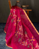 Muslin jamdaani saree in hot pink with floral weave and woven sequins