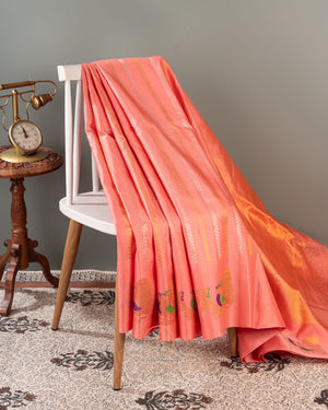 Peach Gadwal saree with peacock motifs