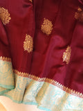 Banarasi Dupion silk saree in a lovely shade of burgundy and sea green