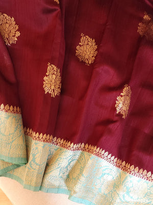 Banarasi Dupion silk saree in a lovely shade of burgundy and sea green