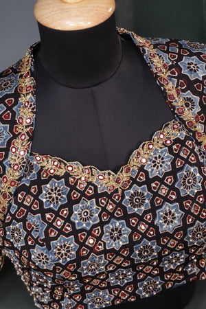 Black Ajrak blouse with intricately designed handwork