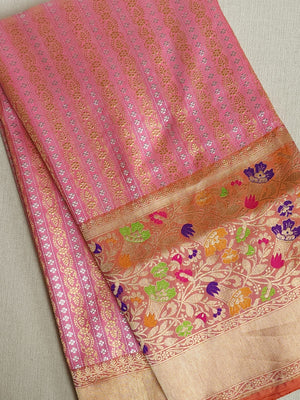 Peach Pink Banarasi saree with beautiful floral meena border