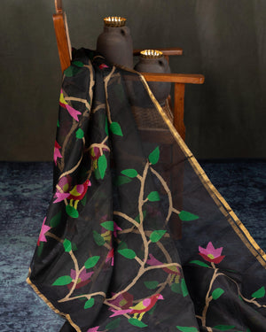 Muslin jamdaani saree in black with all over floral weave