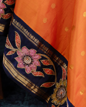 Deep orange Gadwal saree with handcrafted kalamkari appliqué work Border