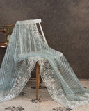 Pastel blue organza saree with all over pearl and sequins work