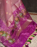 Mauve Pink Banarasi kora with a beautiful contrast purple meenakari floral border