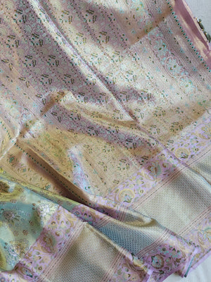 Stunning meenakari kanjeevaram in pastel green and lavender hues