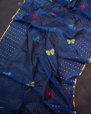 Dark blue muslin jamdaani saree with inter woven sequins