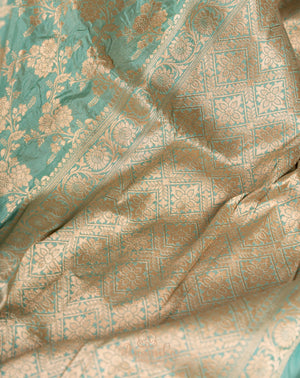 Pastel Blue banarasi silk saree with contrast off white work blouse