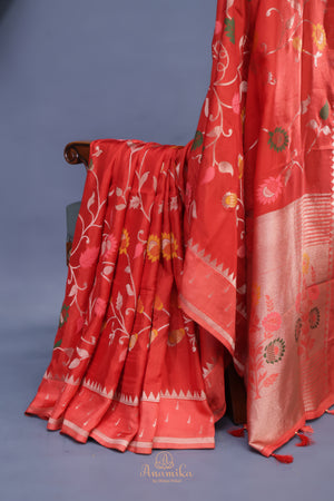 A beautiful floral Tusser Georgette - Orange Peach