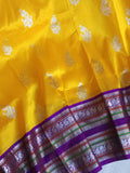 Venkatagiri Pattu saree in yellow with a contrast purple blouse
