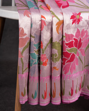 Baby Pink Tusser georgette saree with all over paithani weave