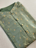 A tissue silk kurta in sage green with Zari woven buttas