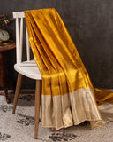 Gorgeous Golden Mustard Kanchipattu saree with contrast off white border