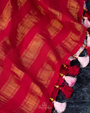 Mysore crepe silk saree in a lovely color combo of peach and crimson red