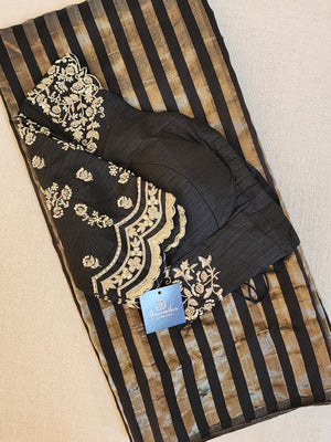 Light weight chanderi tissue saree with black and gold stripes