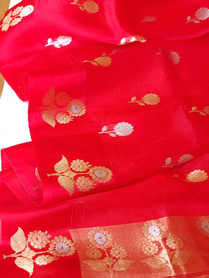 Red organza saree with a contrast blue work blouse