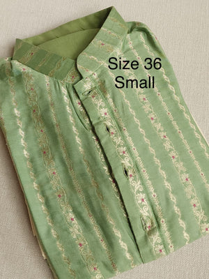 Sage green Banarasi silk kurta with Zari lines all over - Size 36