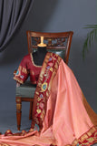 Peach and maroon kanjeevaram with floral applique border