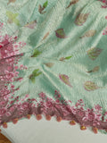 Crush tissue saree in aqua green with floral cutwork border