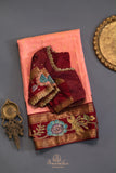 Peach and maroon kanjeevaram with floral applique border